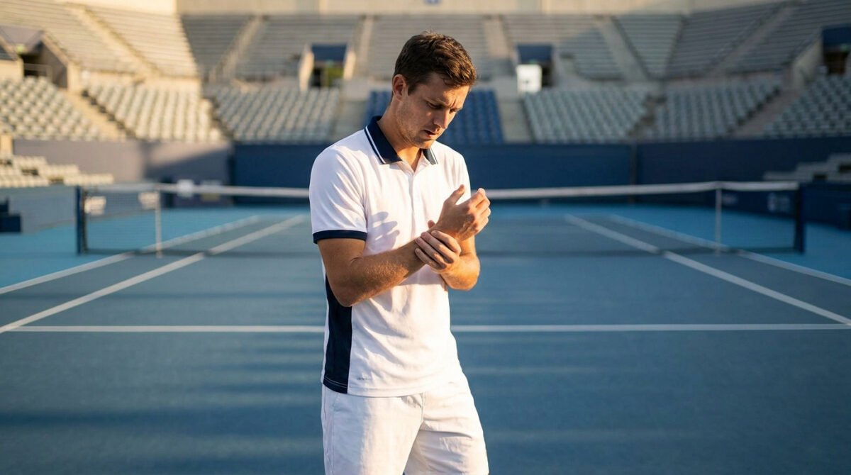Un joueur de tennis en tenue blanche se tient sur un court vide, l'air préoccupé, en se tenant le poignet douloureux.