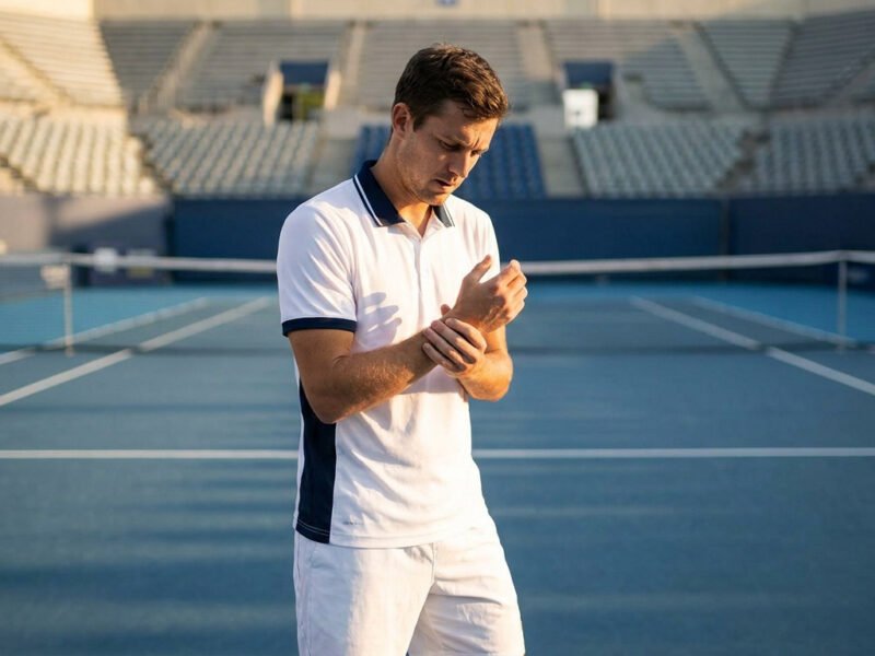Un joueur de tennis en tenue blanche se tient sur un court vide, l'air préoccupé, en se tenant le poignet douloureux.