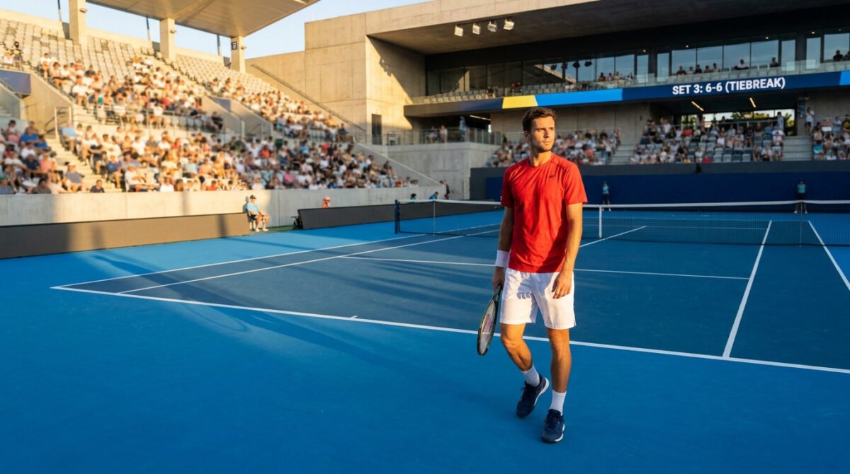 Un joueur de tennis en t-shirt rouge sur un court bleu lors d'un match sous la lumière du soleil couchant.
