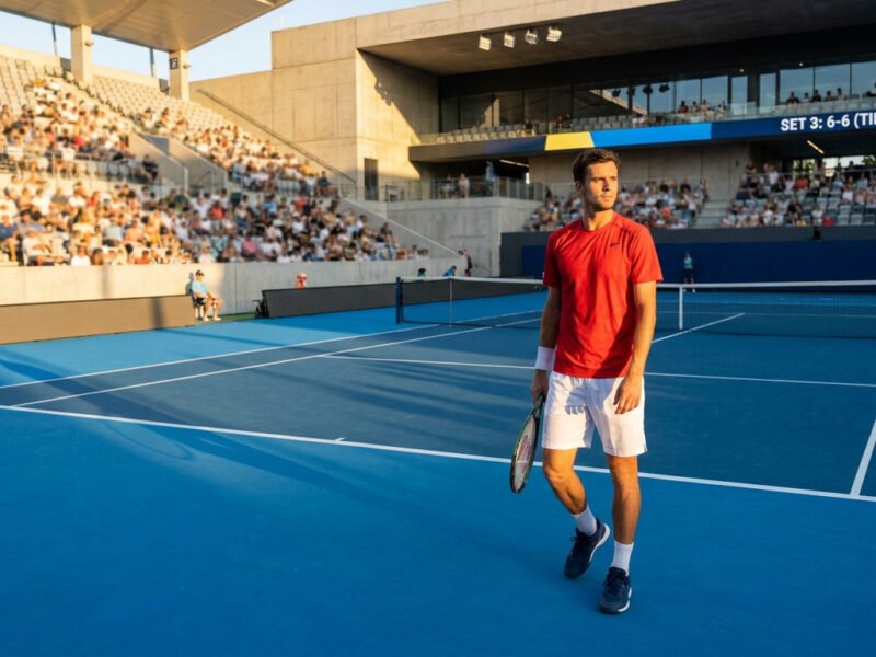 Un joueur de tennis en t-shirt rouge sur un court bleu lors d'un match sous la lumière du soleil couchant.