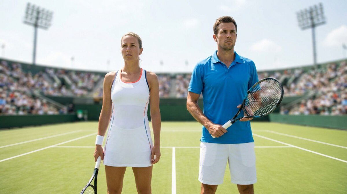 Deux joueurs de tennis professionnels se tiennent sur un court lors d'un match officiel sous un ciel ensoleillé.