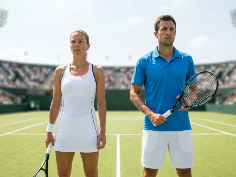 Deux joueurs de tennis professionnels se tiennent sur un court lors d'un match officiel sous un ciel ensoleillé.