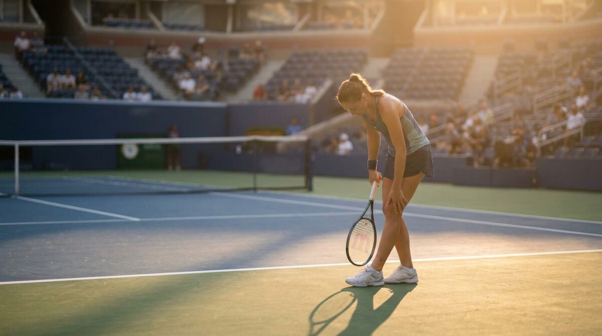 Elena Rybakina sur un court de tennis, tenant sa raquette et se tenant le genou avec une expression préoccupée.