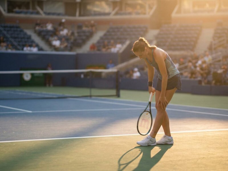 Elena Rybakina sur un court de tennis, tenant sa raquette et se tenant le genou avec une expression préoccupée.