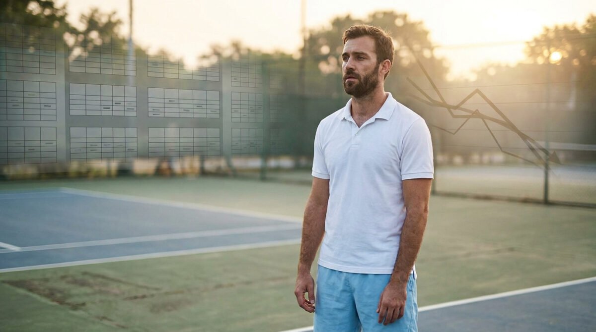 Un joueur de tennis fatigué sur un court, avec des graphiques de calendrier et de performance en arrière-plan.