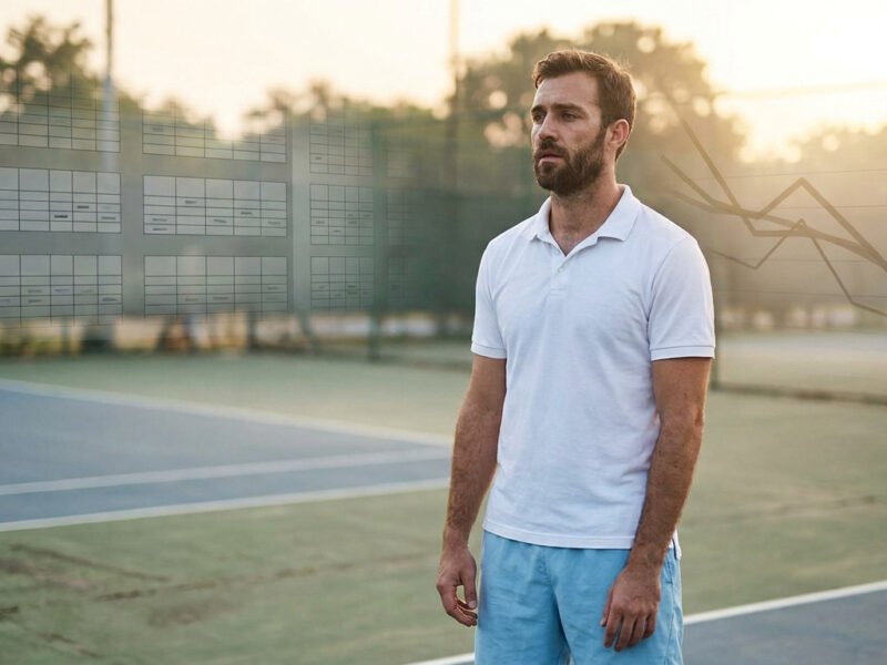 Un joueur de tennis fatigué sur un court, avec des graphiques de calendrier et de performance en arrière-plan.
