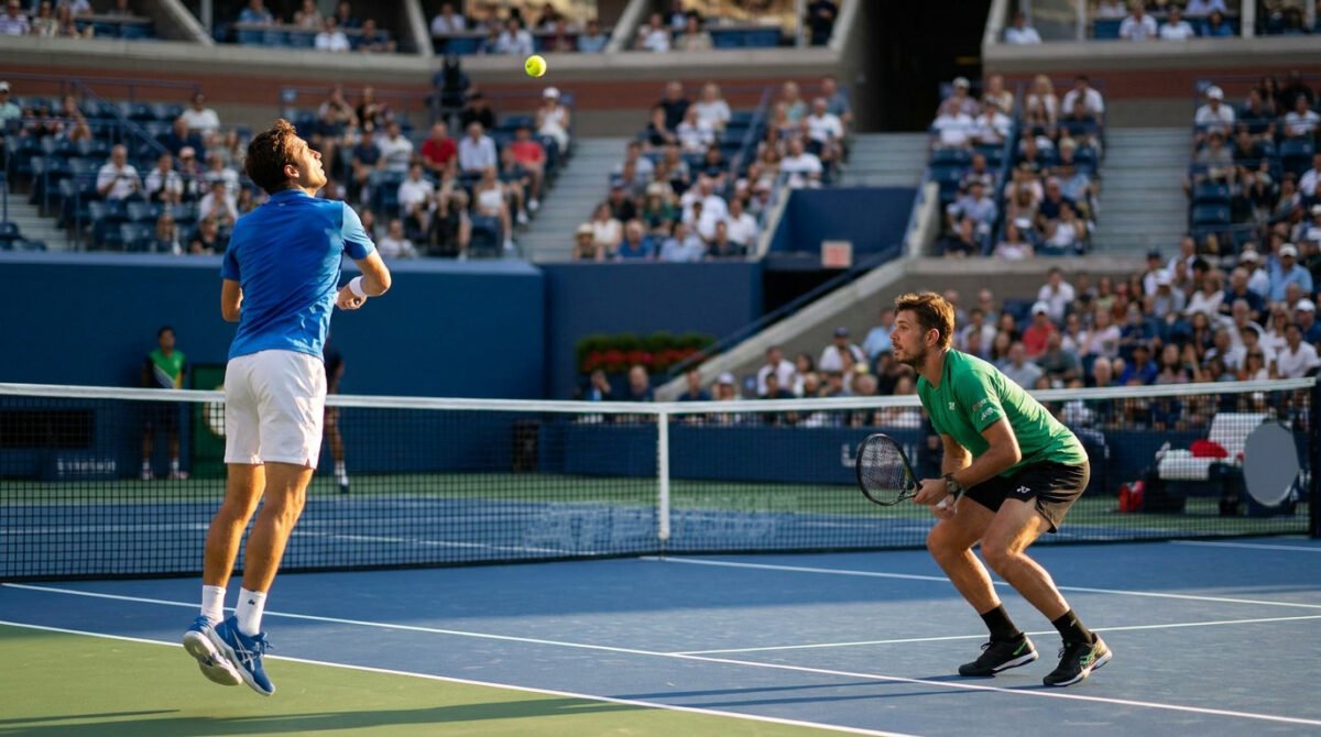 Arthur Rinderknech saute pour frapper un lob au-dessus de son adversaire lors d'un match de tennis professionnel.