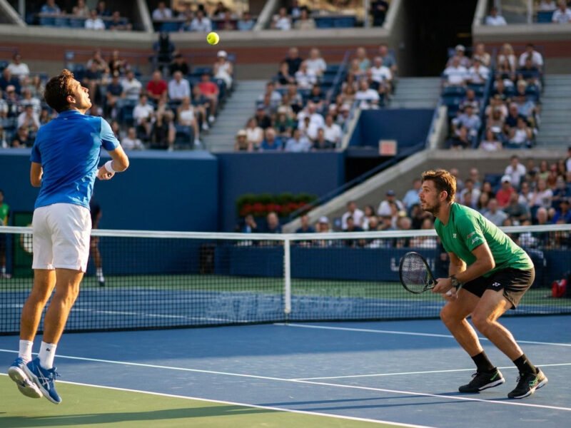 Arthur Rinderknech saute pour frapper un lob au-dessus de son adversaire lors d'un match de tennis professionnel.