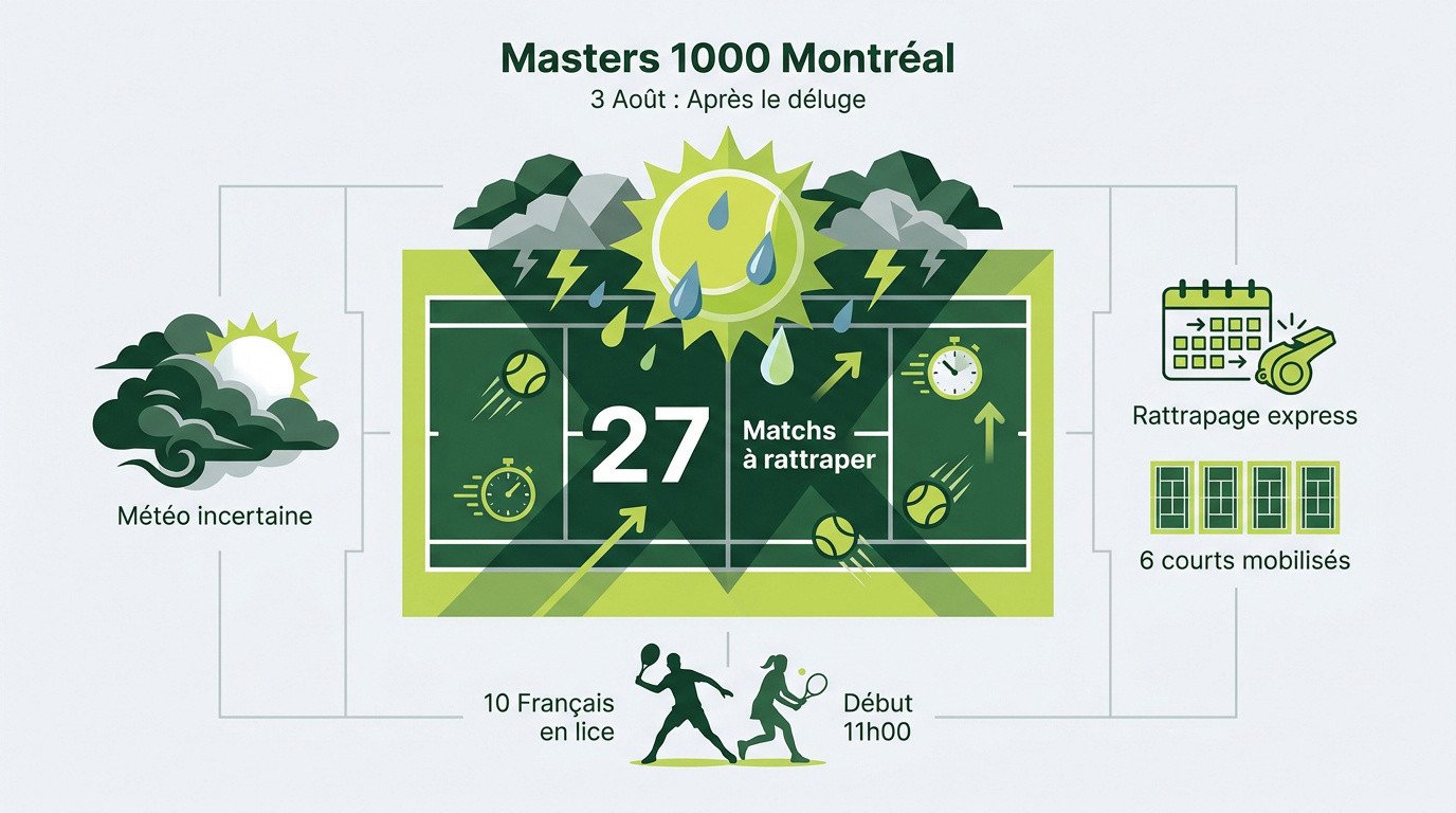 Courts de tennis mouillés au Masters 1000 de Montréal après la pluie