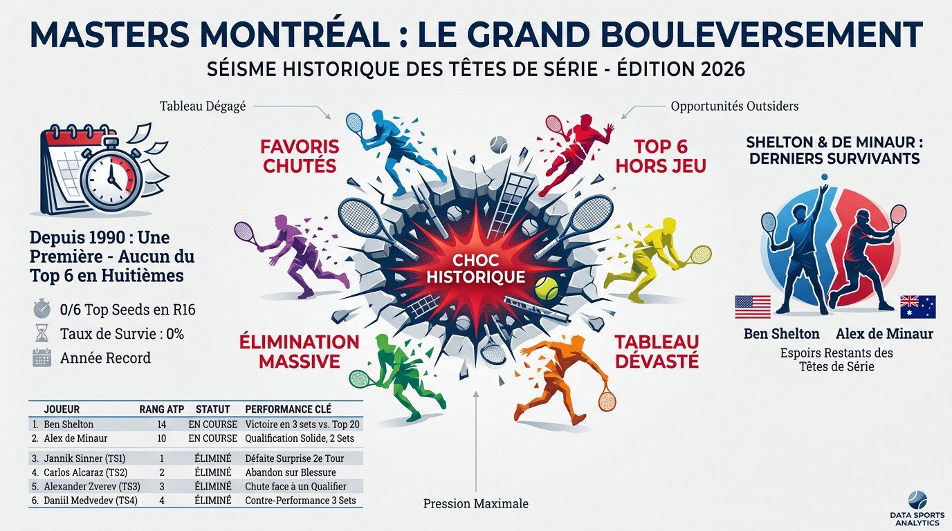 Tableau des résultats du Masters 1000 de Montréal 2026 montrant l'élimination des têtes de série