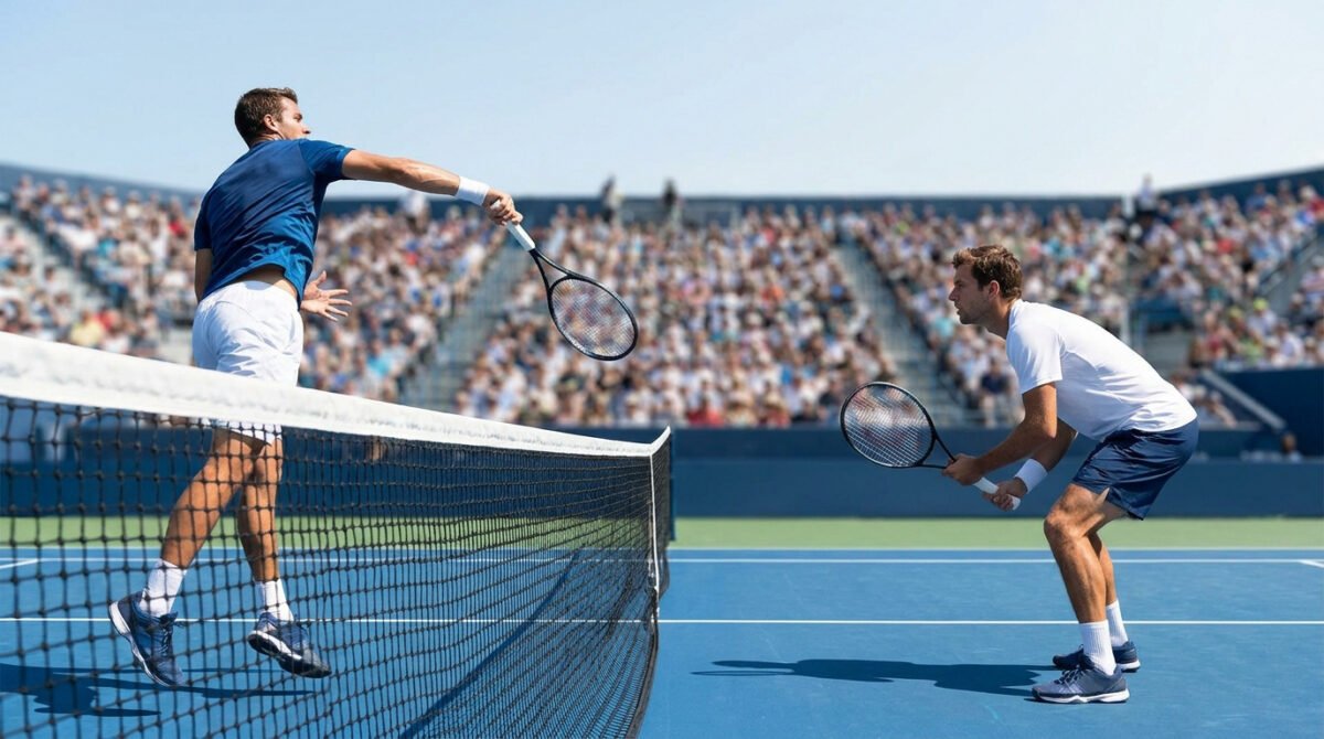 Deux joueurs de tennis s'affrontant lors d'un match intense sur un court bleu sous un ciel ensoleillé.