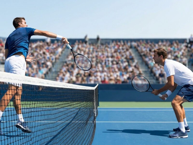 Deux joueurs de tennis s'affrontant lors d'un match intense sur un court bleu sous un ciel ensoleillé.