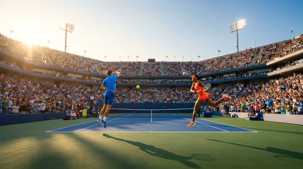 Un joueur en bleu et une joueuse en orange en plein saut lors d'un match de tennis devant des tribunes bondées.