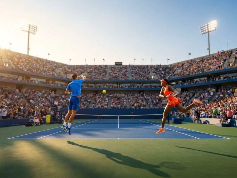 Un joueur en bleu et une joueuse en orange en plein saut lors d'un match de tennis devant des tribunes bondées.