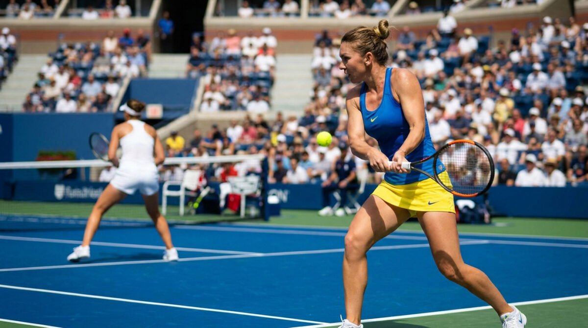 Une joueuse de tennis en tenue bleue et jaune frappe une balle sur un court bleu lors d'un tournoi majeur.