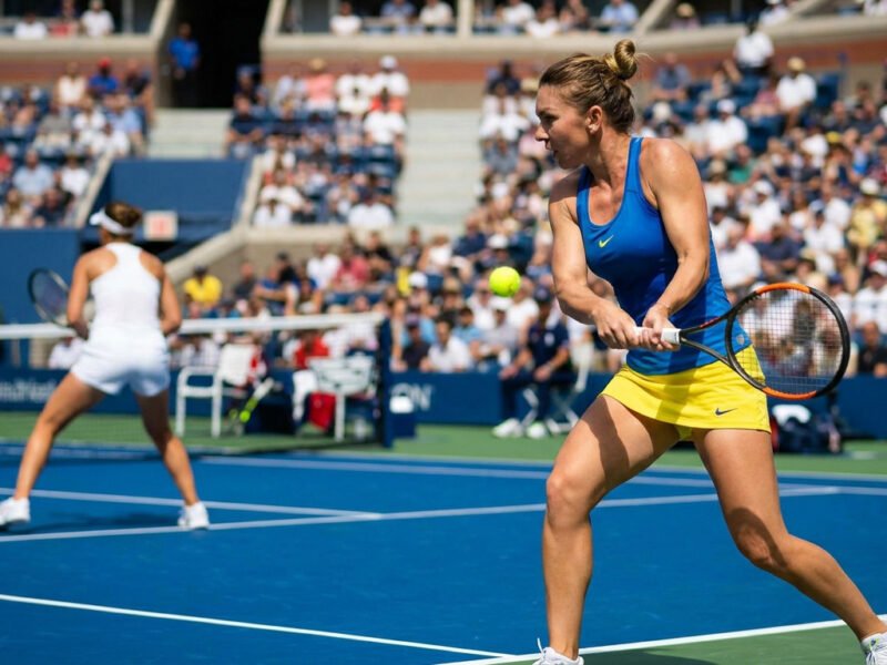 Une joueuse de tennis en tenue bleue et jaune frappe une balle sur un court bleu lors d'un tournoi majeur.