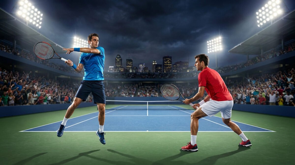 Deux joueurs de tennis professionnels en plein échange lors d'un match nocturne dans un stade bondé à Montréal.