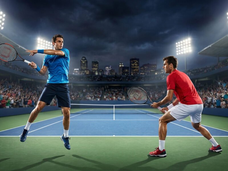 Deux joueurs de tennis professionnels en plein échange lors d'un match nocturne dans un stade bondé à Montréal.
