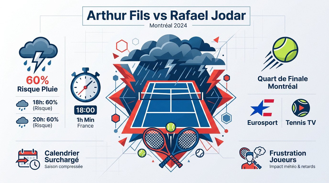 Prévisions météo et retard du match Arthur Fils contre Rafael Jodar à Montréal
