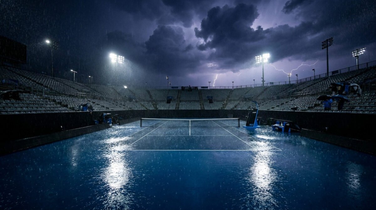Court de tennis inondé sous un orage nocturne à Montréal avec des éclairs dans le ciel.