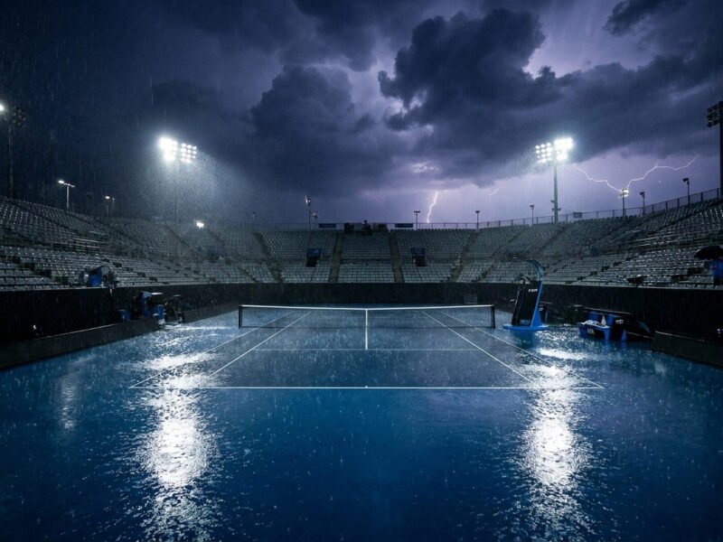 Court de tennis inondé sous un orage nocturne à Montréal avec des éclairs dans le ciel.