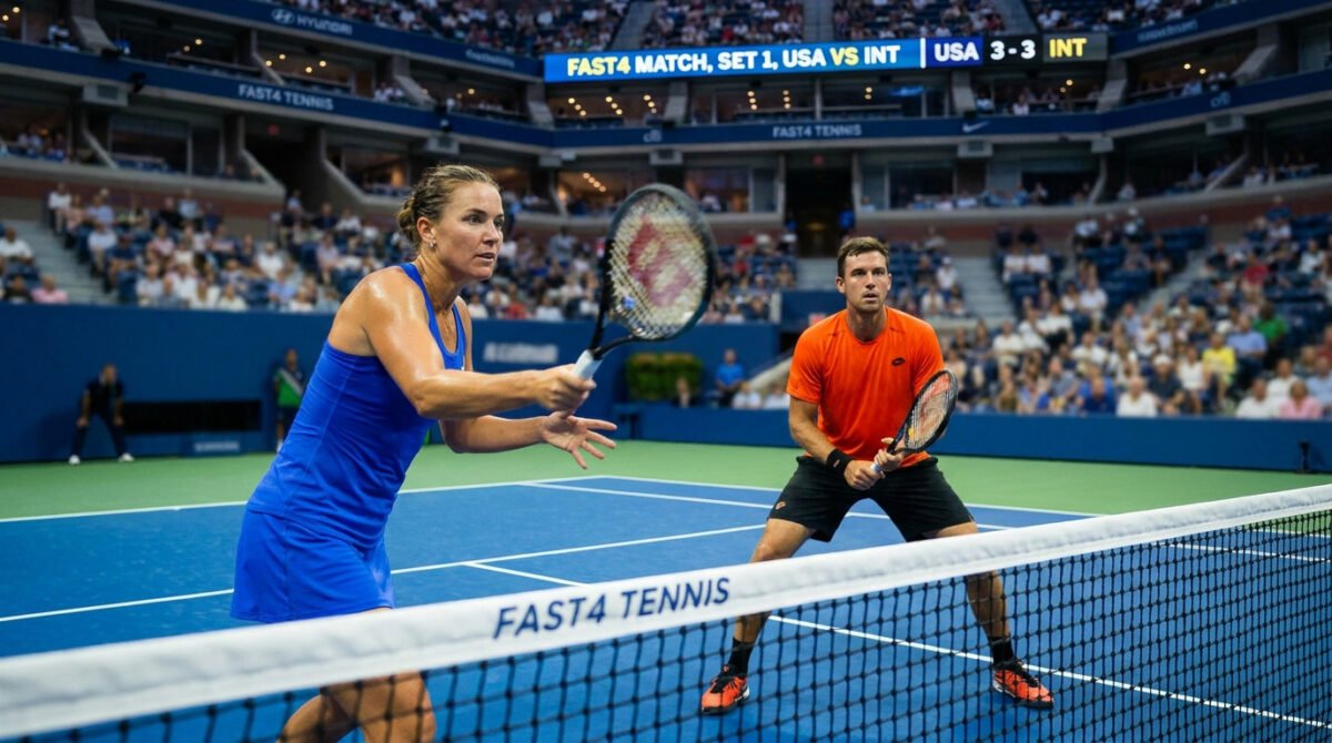 Joueurs de tennis en double mixte sur un court Fast4 à l'US Open, avec le score affiché à 3-3.