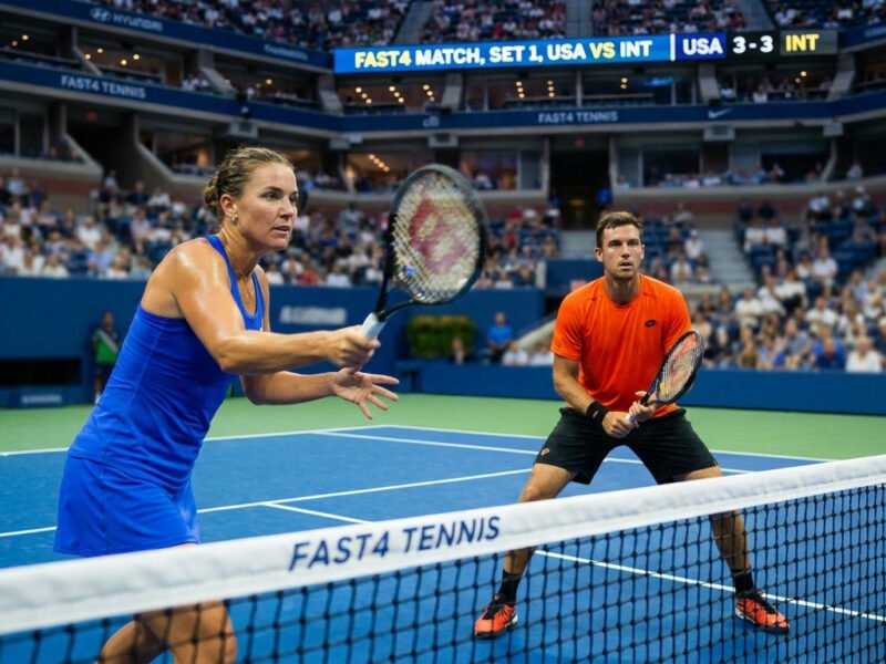 Joueurs de tennis en double mixte sur un court Fast4 à l'US Open, avec le score affiché à 3-3.