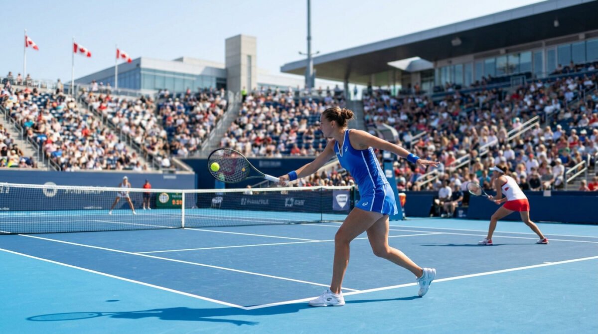 Une joueuse de tennis en tenue bleue effectue un coup droit sur un court bleu, sous le regard du public à Toronto.