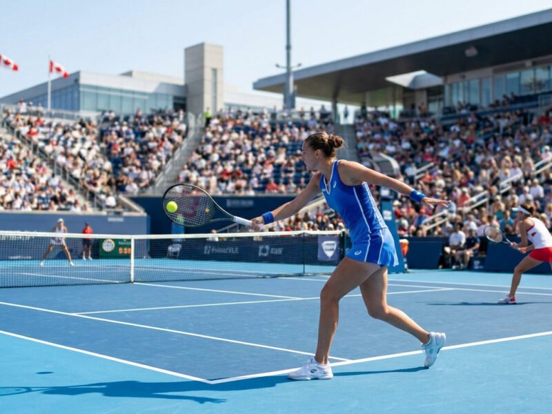 Une joueuse de tennis en tenue bleue effectue un coup droit sur un court bleu, sous le regard du public à Toronto.