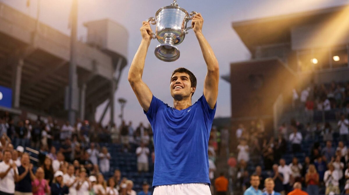 Carlos Alcaraz, en t-shirt bleu, lève fièrement le trophée de l'US Open vers le ciel dans un stade en liesse.