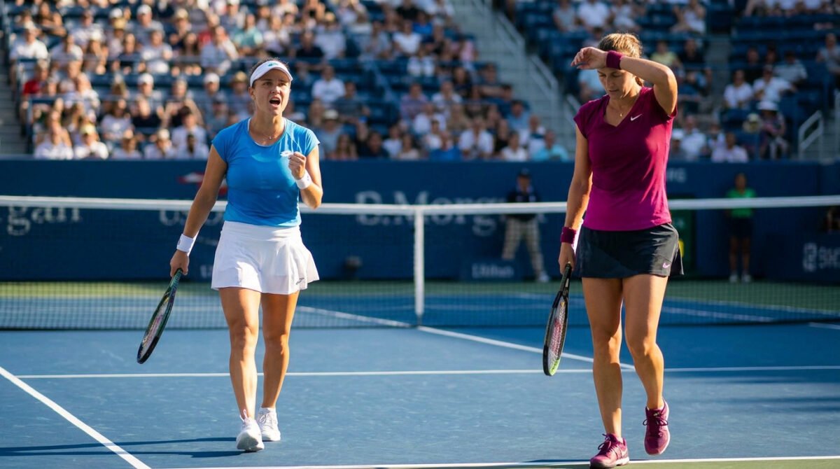 Jessica Pegula célèbre sa victoire contre Iga Swiatek sur le court de tennis devant une foule.