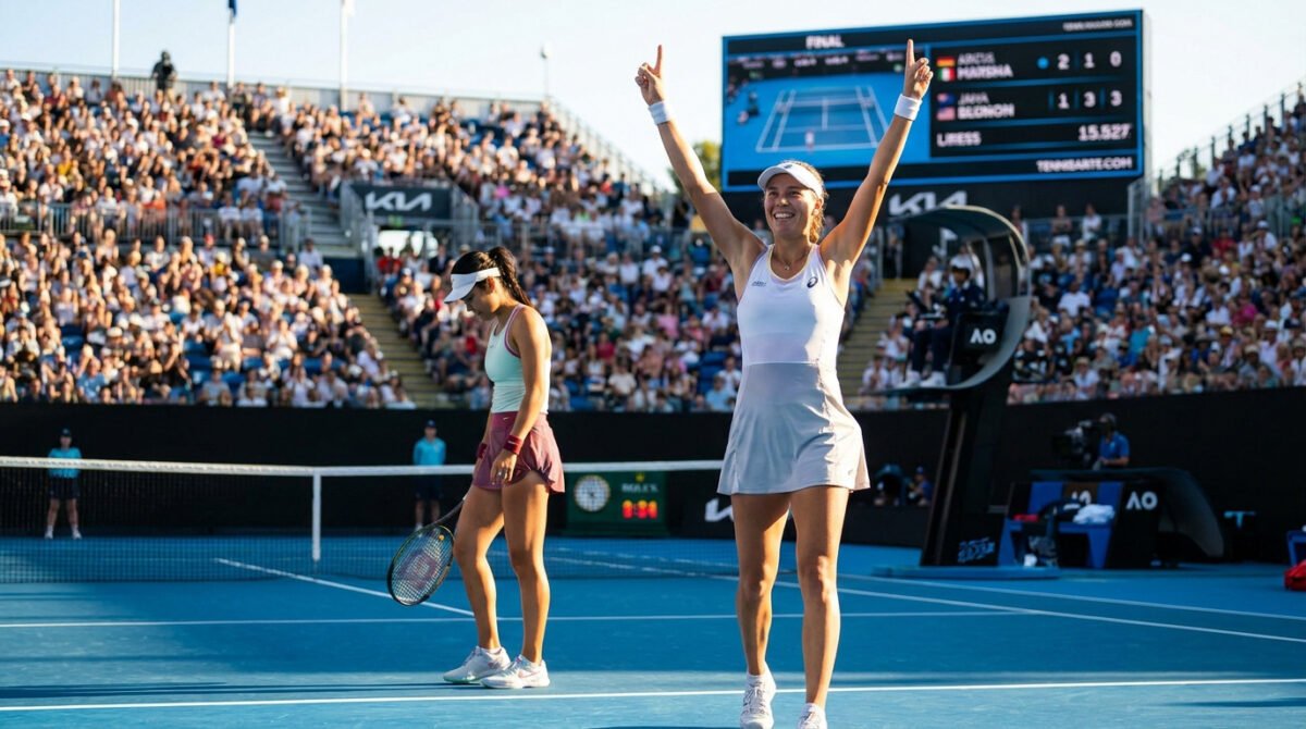 Une joueuse de tennis célèbre sa victoire bras levés sur le court avec son adversaire à ses côtés.