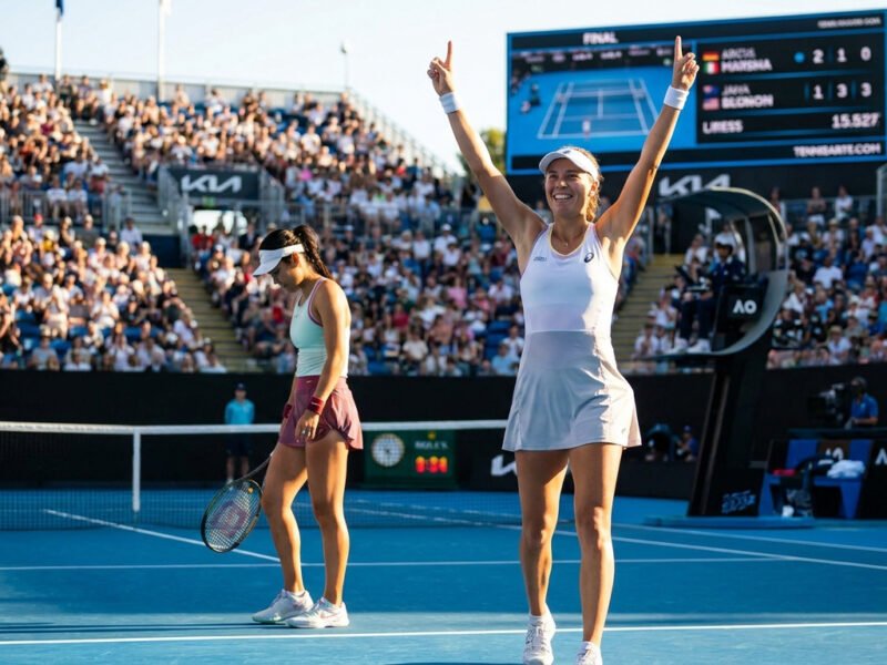 Une joueuse de tennis célèbre sa victoire bras levés sur le court avec son adversaire à ses côtés.