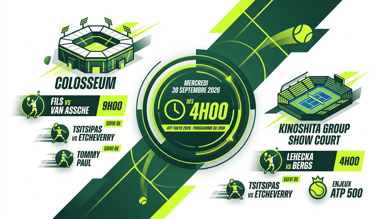 Affiche du programme officiel de l'ATP 500 de Tokyo 2026 avec les horaires des matchs