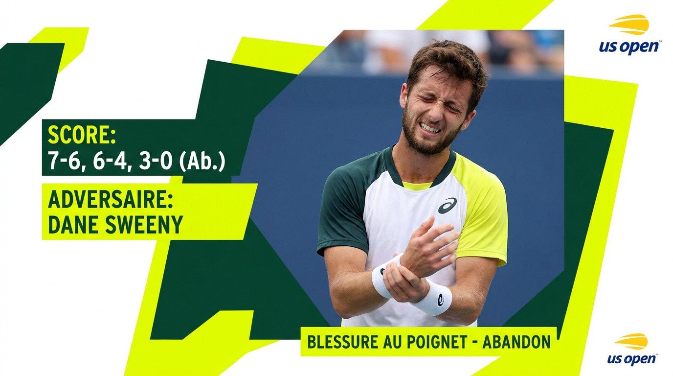 Corentin Moutet grimaçant de douleur au poignet gauche lors de son abandon à l'US Open