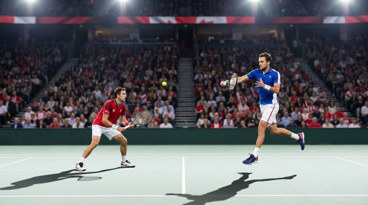 Deux joueurs de tennis en plein échange lors d'un match de Coupe Davis devant une foule dans un stade éclairé.