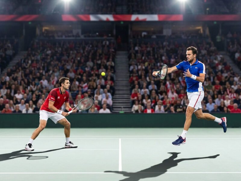 Deux joueurs de tennis en plein échange lors d'un match de Coupe Davis devant une foule dans un stade éclairé.