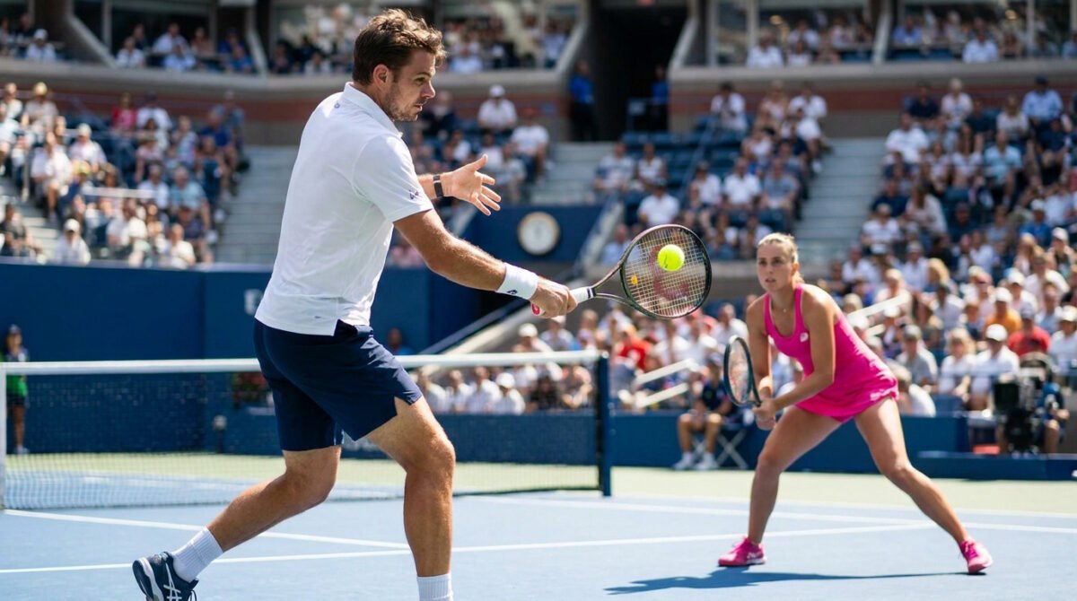 Stan Wawrinka frappe une balle de tennis sur un court entouré de spectateurs, avec une joueuse en rose en arrière-plan.