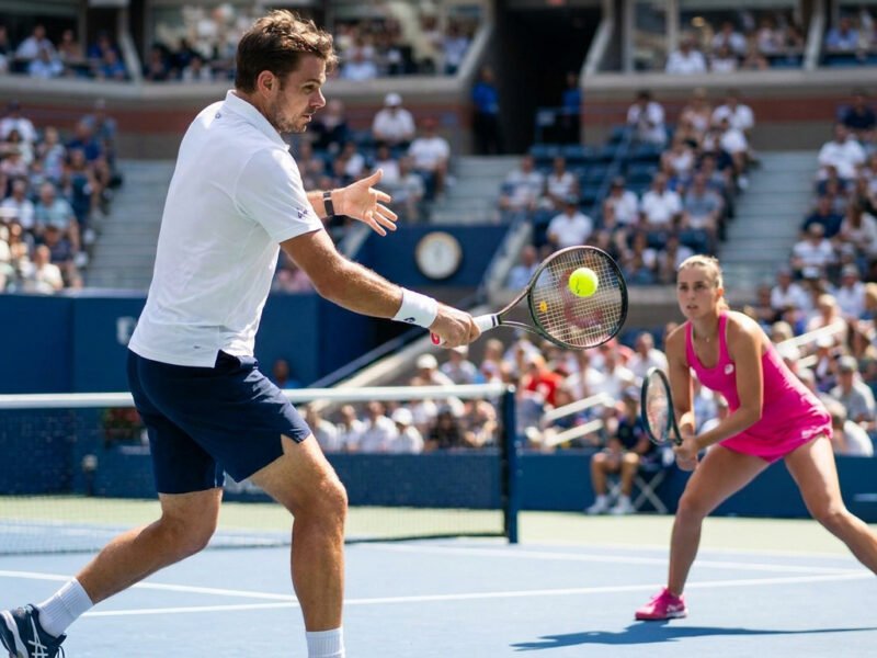 Stan Wawrinka frappe une balle de tennis sur un court entouré de spectateurs, avec une joueuse en rose en arrière-plan.