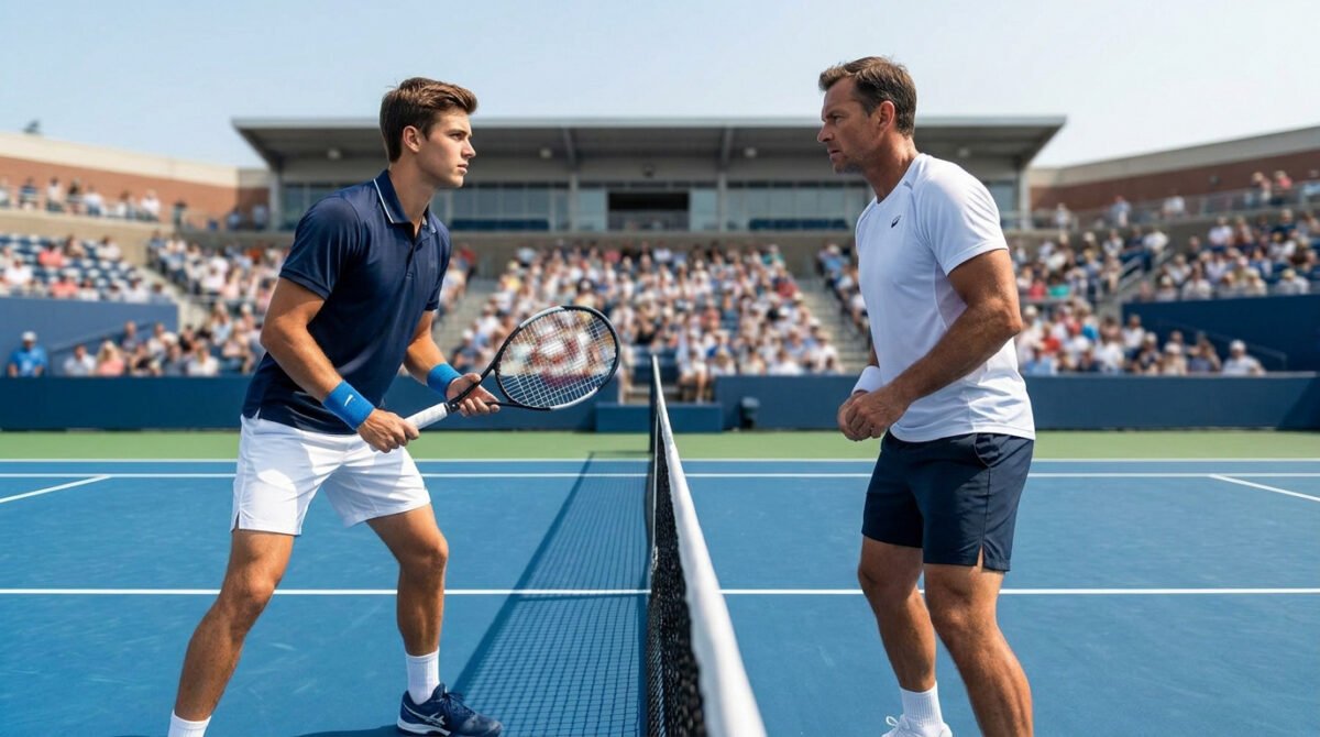 Deux joueurs de tennis se font face au filet sur un court bleu lors d'un match à l'US Open.