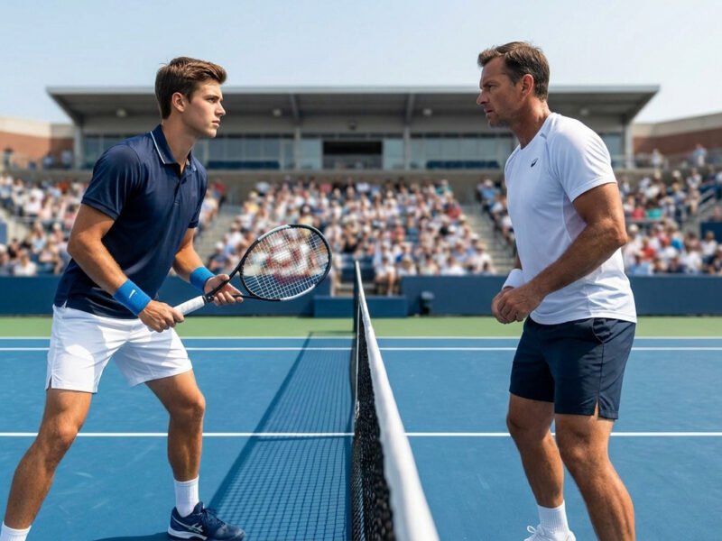 Deux joueurs de tennis se font face au filet sur un court bleu lors d'un match à l'US Open.