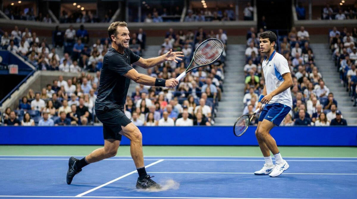 Un joueur senior en noir effectue un revers face à un jeune joueur en blanc lors d'un match de tennis professionnel.