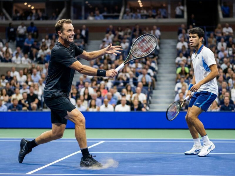 Un joueur senior en noir effectue un revers face à un jeune joueur en blanc lors d'un match de tennis professionnel.