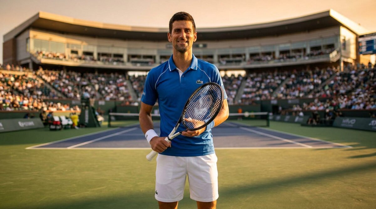 Novak Djokovic souriant sur un court de tennis, tenant sa raquette au coucher du soleil devant des tribunes remplies.