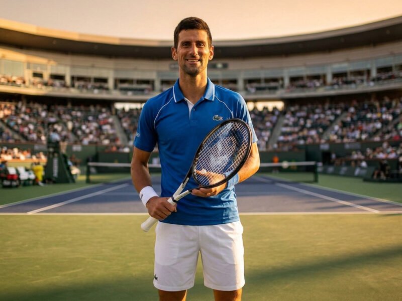 Novak Djokovic souriant sur un court de tennis, tenant sa raquette au coucher du soleil devant des tribunes remplies.
