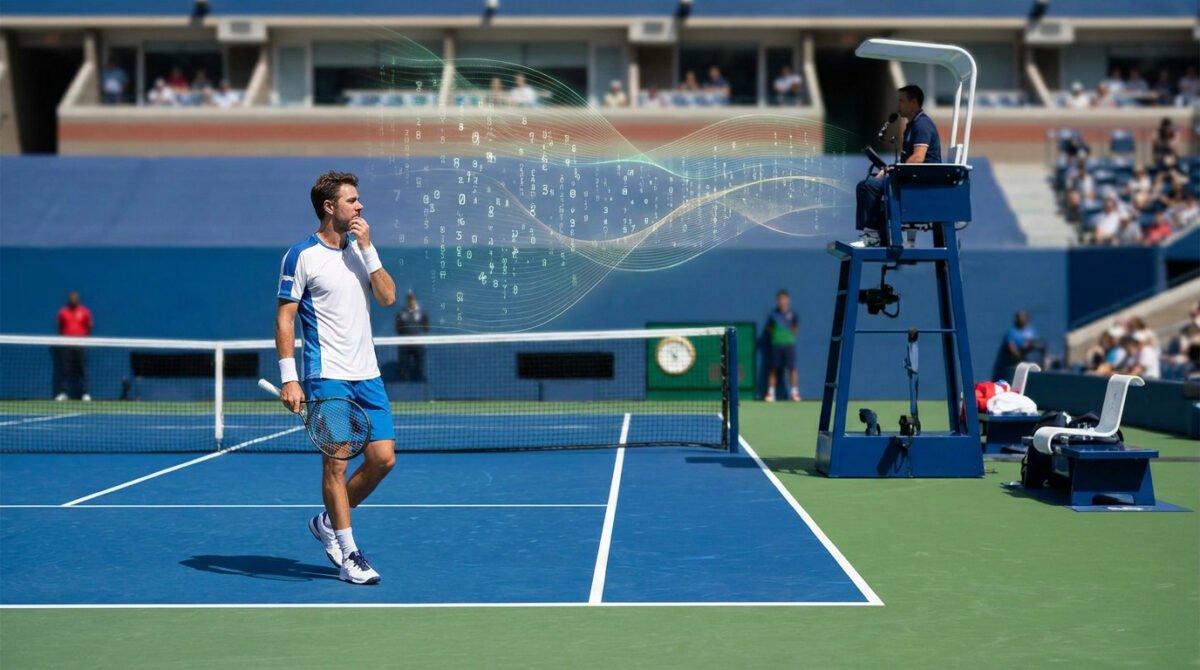 Joueur de tennis pensif sur le court face à l'arbitre avec une représentation numérique de données.