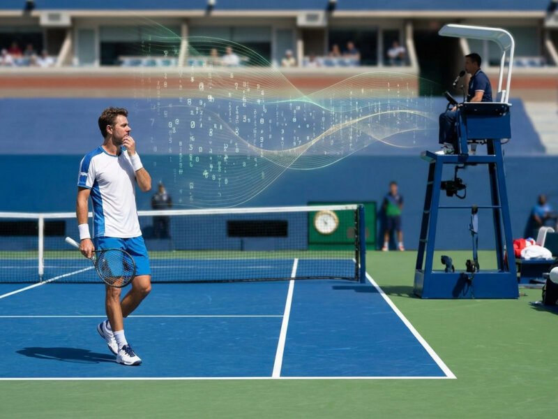 Joueur de tennis pensif sur le court face à l'arbitre avec une représentation numérique de données.