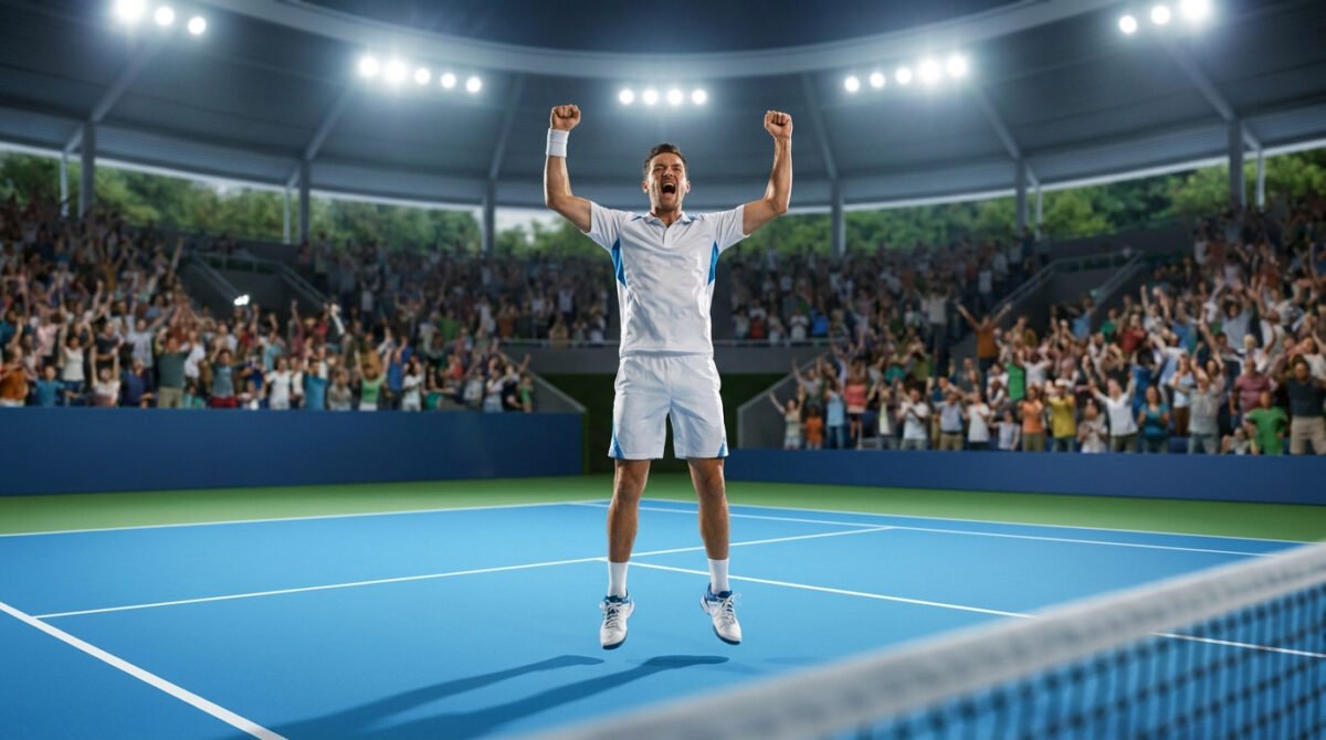Carlos Alcaraz célèbre une victoire sur un court de tennis, les bras levés devant une foule en liesse.