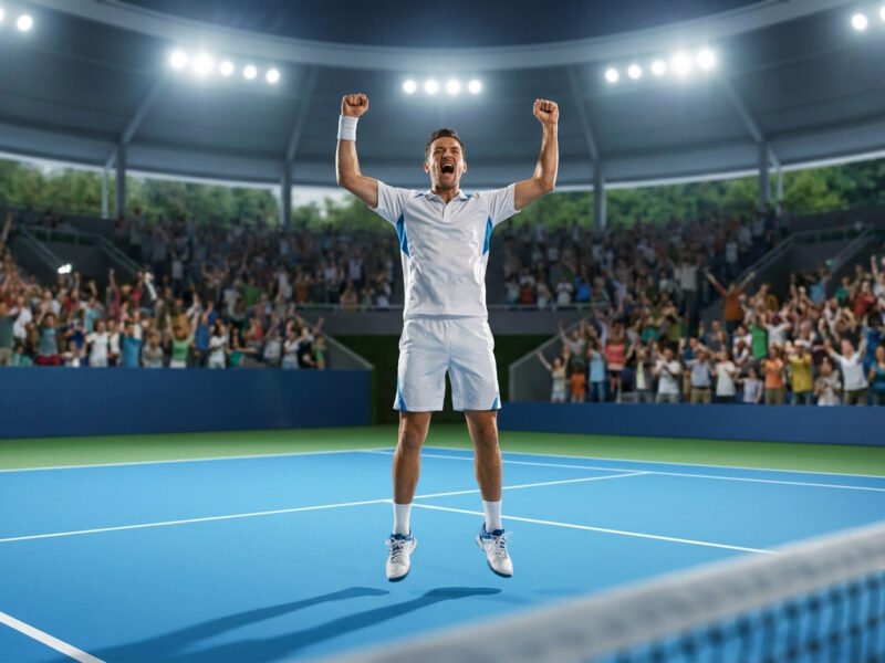 Carlos Alcaraz célèbre une victoire sur un court de tennis, les bras levés devant une foule en liesse.