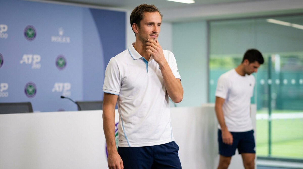 Daniil Medvedev pensif lors d'une conférence de presse, Novak Djokovic en arrière-plan.
